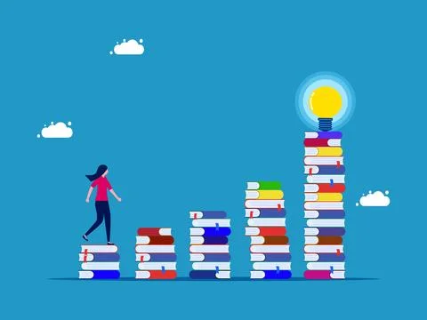 Get knowledge and work experience. woman walking on stack of books on stairs  Stock Illustration