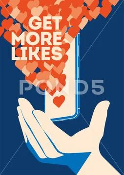 Get more likes poster. Hand holding smartphone with social network Stock Illustration
