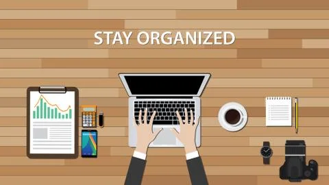Get organized workspace with people work on his desk Stock Illustration