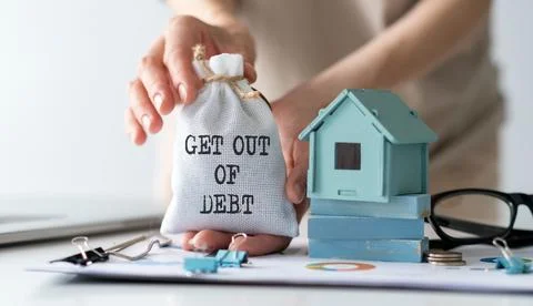 Get Out Of Debt Text on pouch in hands next to miniature house and office ite Stock Photos