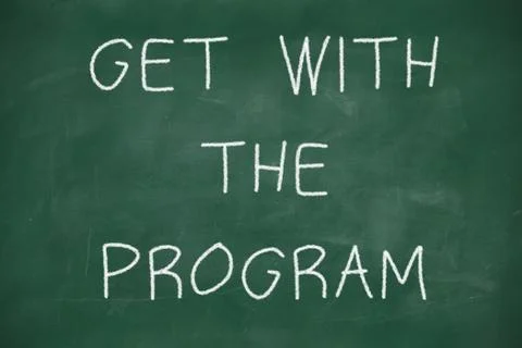 Get with the program handwritten on blackboard Stock-Illustration