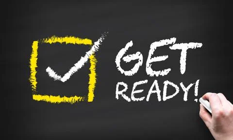Get Ready on blackboard with hand. Illustrazione stock