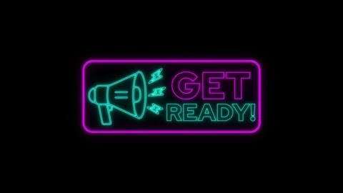 Get ready neon sign glowing with megaphone icon on black background. Stock Footage 346292687
