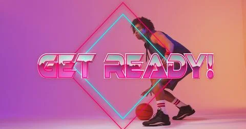 Get Ready! text image over basketball player dribbling ball Stock Photos