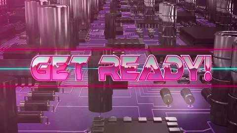 Get ready text on neon banner against close up of microprocessor connections on Stock Footage 158414076