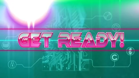 Get ready text on neon banner against microprocessor connections forming a house Video stock 158414331
