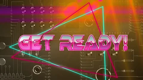 Get ready text on neon triangles over close up of microprocessor connections on Vídeo Stock 158414348