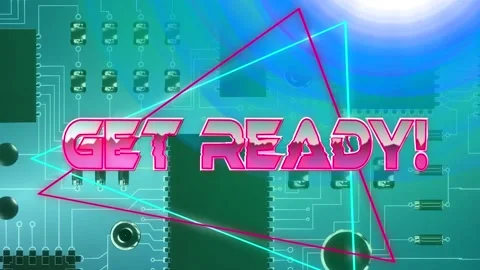 Get ready text on neon triangles over close up of microprocessor connections on Vídeo Stock 158414419