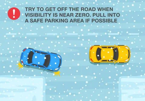 Get off the road when visibility is near zero, pull into a safe parking area. Stock Illustration