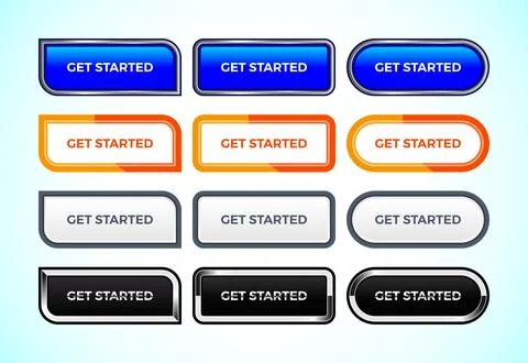 Get started button set of different shapes and colors. Suitable for mobile .. Illustrazione stock