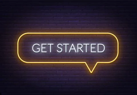 Get started neon sign on a brick background. Stock Illustration