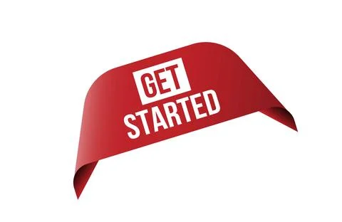 Get started red ribbon label banner. Stock Illustration