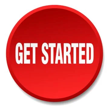 Get started red round flat isolated push button Illustrazione stock
