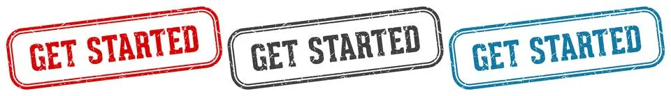 Get started stamp. get started rectangular stamp set isolated on white back.. Stock Illustration