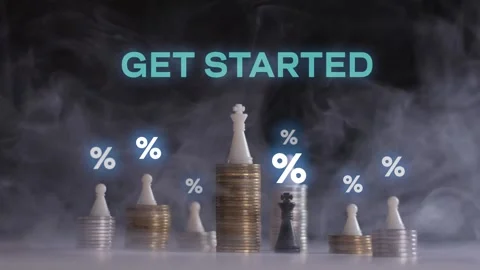 Get started text sign icon label.A man's hand puts a chess king piece on a s Stock Footage 245450668