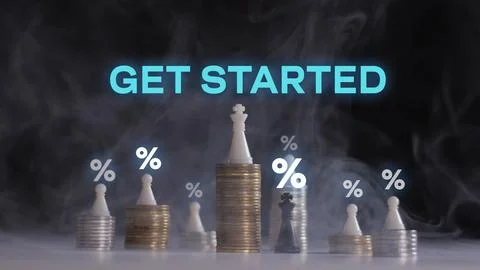 Get started text sign icon label.A man's hand puts a chess king piece on a s Foto stock
