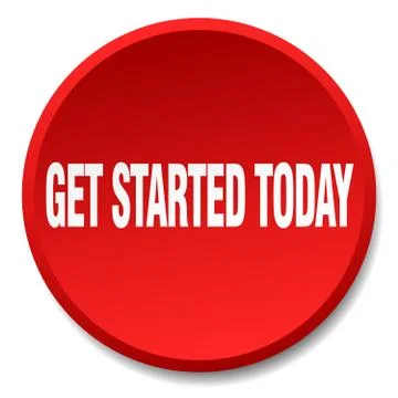 Get started today red round flat isolated push button Illustrazione stock