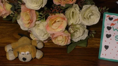 Get well soon with cute soft toy dog and flowers of different colors. Stock Footage 127017367