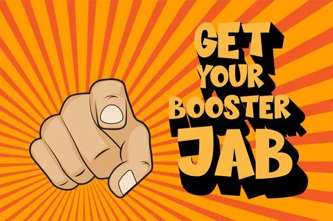 Get Your Booster Jab vector / EPS comic illustration on a sunburst background Stock Illustration