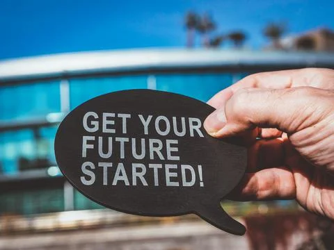 Get your future started. Man holds bubble quote. Stock Photos