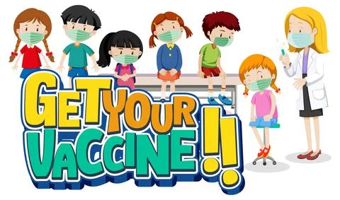 Get Your Vaccine font banner with many kids waiting in queue to see a doctor Illustrazione stock