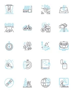 Getaway weekend linear icons set. Retreat, Escapade, Adventure, Relaxation Stock Illustration