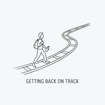 Getting back on track business concept with man walking on railroad Silhouett Stock Illustration