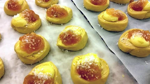 Getting baked rolls ready fo oven, at a bakery restaurant Stock Footage 56916146