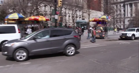 Getting onto the Brooklyn Bridge in downtown Manhattan Stock Footage 51239018