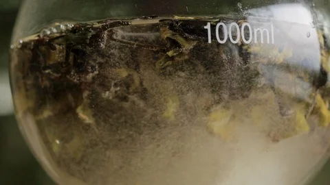 Getting essential oil from herbs and flowers in a glass flask, Distillation Stock Footage 123484283