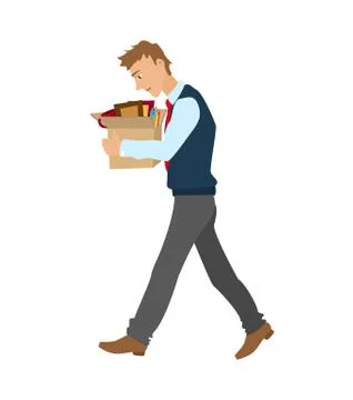 Getting fired flat vector illustration. man dismissed from work going with a box Stock Illustration