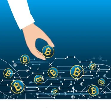 Getting money from virtual net flow, business bitcoin concept. Hand holding b Stock Illustration