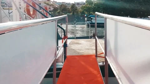 Getting onboard of a boat in Paris Stock Footage 233962494