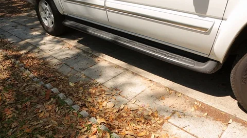 Getting out and back into car. Street curb by sidewalk. static Stock Footage 106835020
