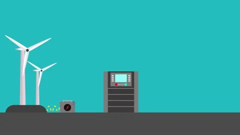 Getting power from a windmill and charging battery 4K animation. Bulb and com Video stock 194298538