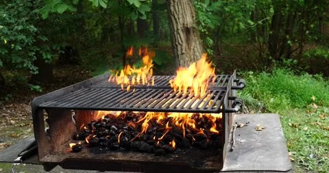 Getting ready for barbecuing flames and fire from charcoal BBQ Stock Footage 210316395