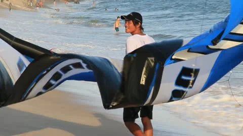 Getting ready to Kite Surf on beach in Mui Ne Vietnam. Stock Footage 18174719