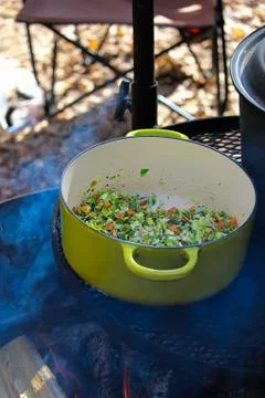 Getting ready to make soup while camping Stock Photos