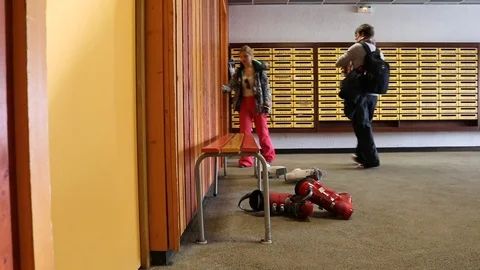 Getting ready for skiing, drops skies, funny moment. Stock Footage 101356734