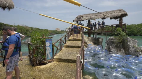 Getting ready for water activities at Xel-Ha Park, Cancun Stock Footage 50273393