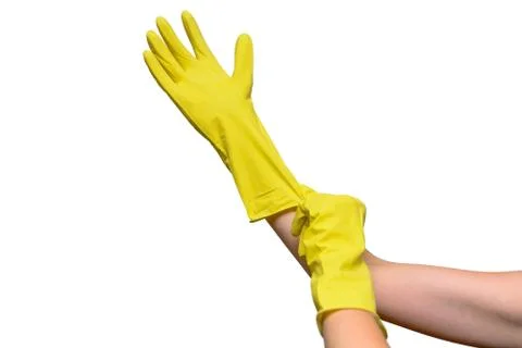 Getting started cleaning. Yellow rubber cleaning gloves closeup. Stock Photos