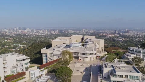 Getty Center modern museum architecture with Los Angeles skyline, downtown citys Stock Footage 336635231