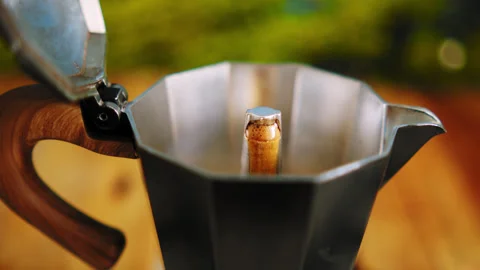 Geyser coffee maker. Process of making Italian espresso in a moka pot. Close up  Stock Footage 337128052