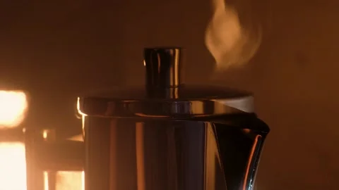 Geyser coffee maker with the steam Stock Footage 266155135