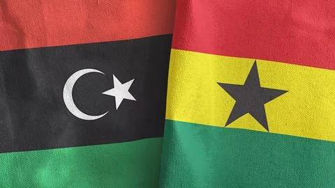 Ghana and Libya two flags textile cloth 3D rendering Stock Illustration