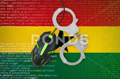 Ghana flag and handcuffed computer mouse. Combating computer crime, hackers Stock Photos
