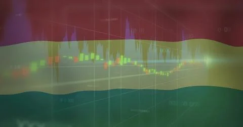 Ghana flag depicting chart data online, with candlesticks, line graph, gridlines Stock Illustration