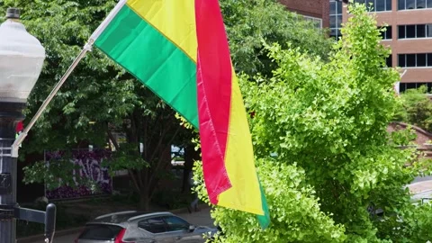 Ghana flag drapes pole beneath leafy green trees, framed by modern brick Stock Footage 338408653