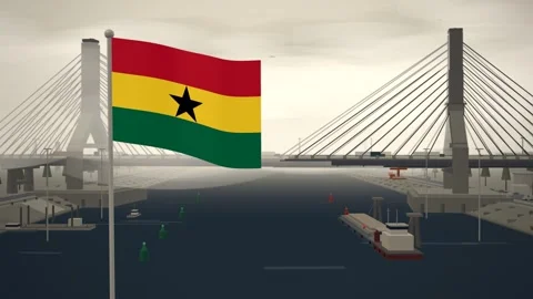Ghana Flag Flying Over Cable Stayed Bridge River seamless loop Stock Footage 345874855