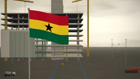 Ghana Flag Flying Over Construction Site Tower Cranes seamless loop Stock Footage 345873296